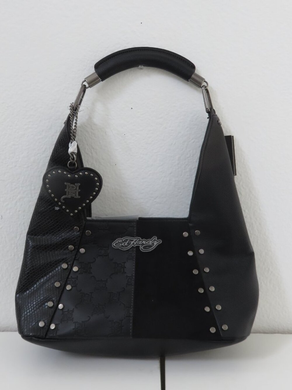 Ed Hardy Hobo Black Velvet 4 mix Print Studded Bag Heart Charm